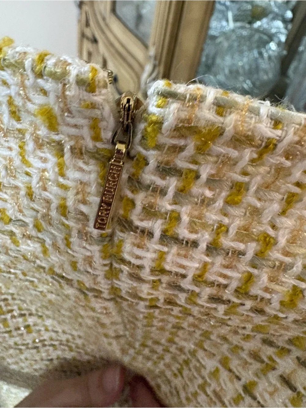 Tory Burch Tweed Sheath Dress Yellow White Sleeveless Size 6 Classic Chic